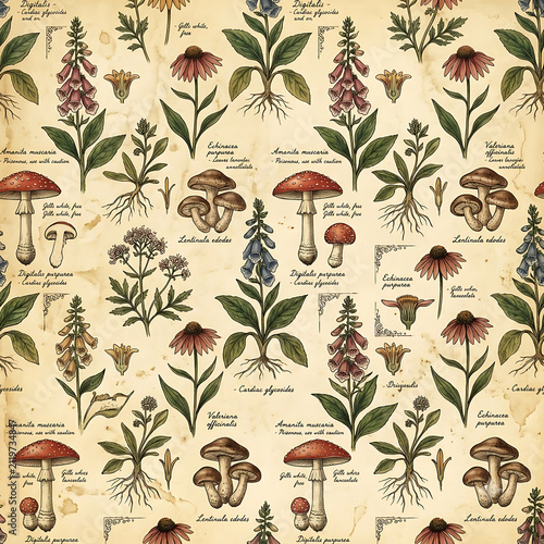 Seamless Vintage Scientific Botanical Pattern with Mushrooms and Medicinal Plants on Parchment Paper for Retro Decor