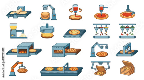 Automated Pizza Production Line Icon Set.