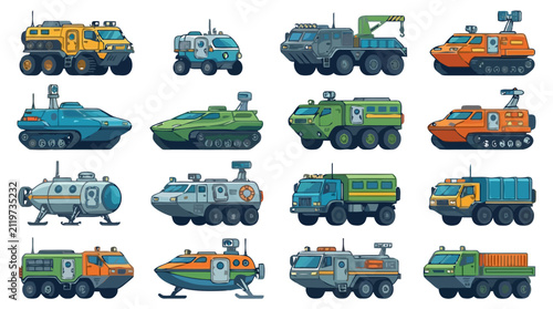 Set of futuristic sci-fi heavy vehicles and space exploration rovers.