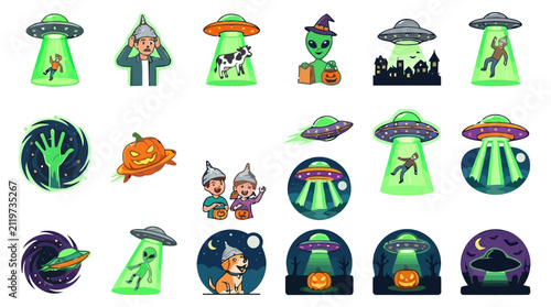 Collection of alien and UFO themed stickers featuring extraterrestrials spaceships and Halloween elements like pumpkins and witches.
