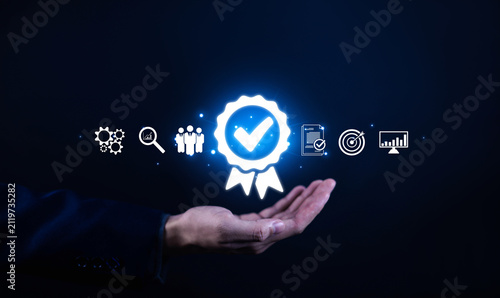 Принти на полотні Quality assurance certification concept with approved badge, compliance verification, business standards, quality control, audit process, performance management ISO certification on digital interface