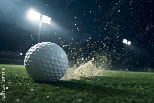 Field hockey ball racing across artificial turf with sharp leading edge, realistic rear motion blur and flying turf particles under dramatic floodlit tournament stadium