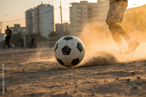 Professional soccer ball racing across a dusty neighborhood football ground with sharp leading edge, realistic rotational blur and golden hour light in a cinematic gully football atmosphere