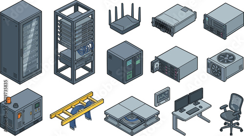 Isometric Data Center Infrastructure Set with Network Server Racks, Router, Generator, Raised Floor Tiles, Support Desk, and Mainframe System Equipment Vectors
