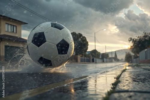 Soccer ball skimming across a wet street football ground with realistic rotational motion blur and water spray streaks beneath dramatic cloudy skies in an authentic neighborhood match