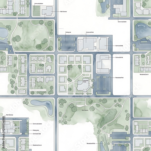 Top Down Architectural Site Plan Rendering with Soft Watercolor Greenery Wash for Landscape Design and Urban Planning