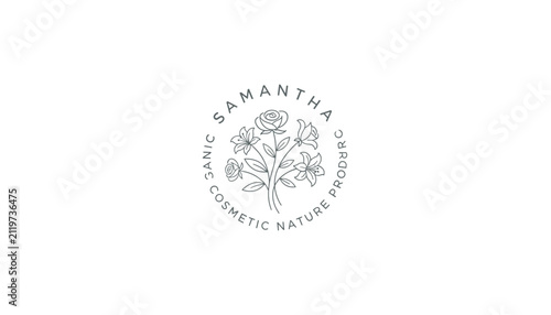Delicate circular botanical logo for Samantha cosmetic nature products featuring hand-drawn thin line flowers and leaves.