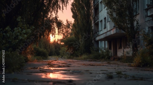 Sunset in an abandoned area with overgrown plants and old buildings