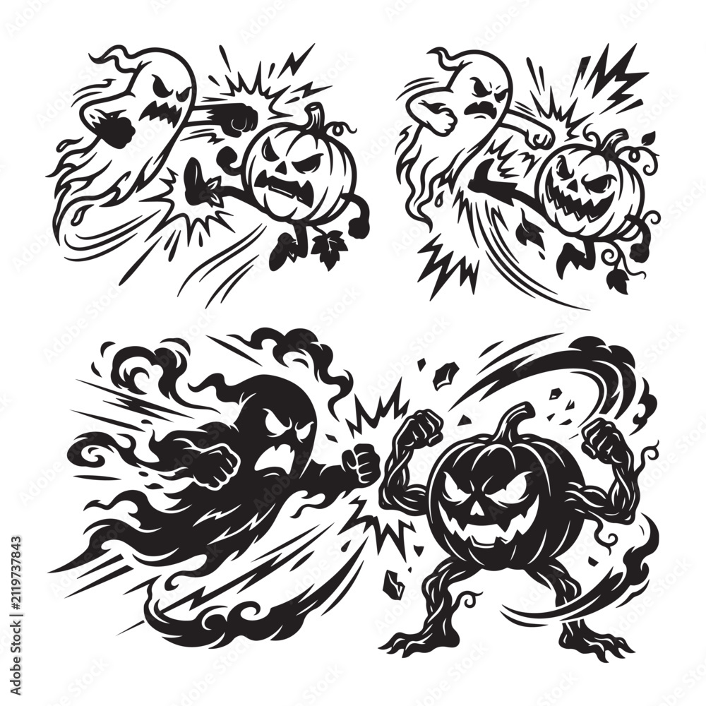 Fototapeta premium Black and white vector set of four aggressive ghost and pumpkin characters fighting in dynamic Halloween combat.