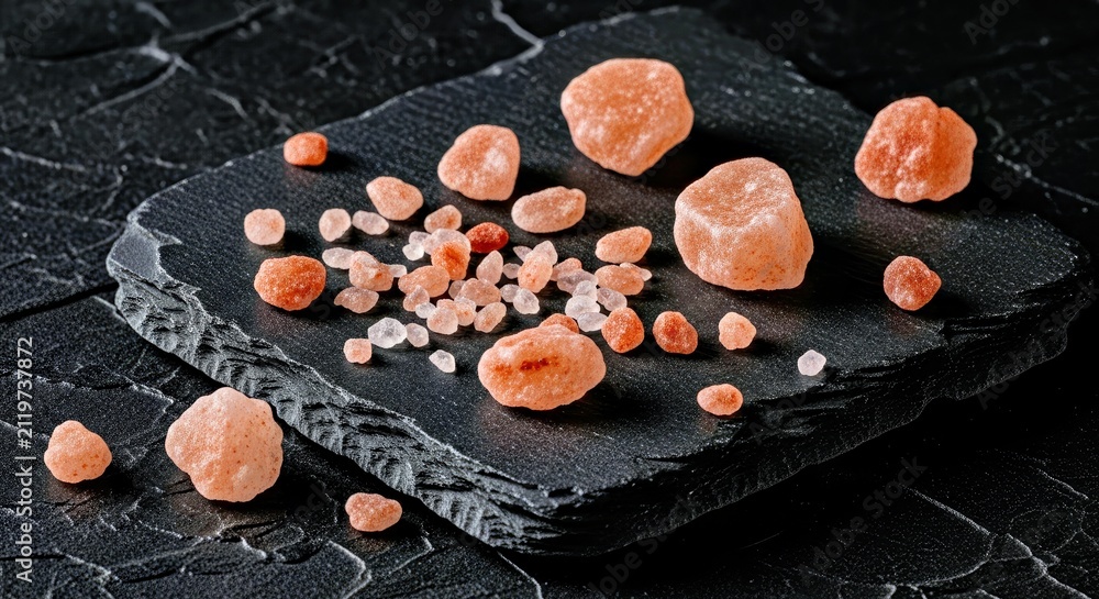 Naklejka premium Pink Himalayan Salt Crystals on Black Slate