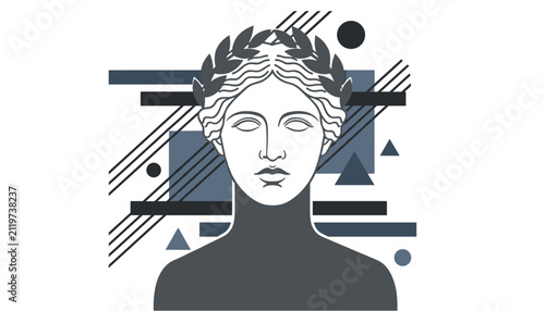 Beautiful greek statue of goddess with laurel wreath on head over abstract geometric background with line patterns.