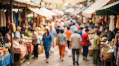 Blurred crowded street market bazaar people shopping outdoor background travel bokeh city urban lifestyle