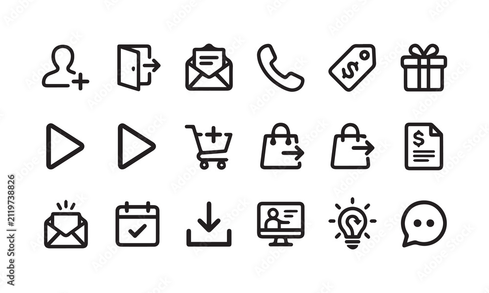 Fototapeta premium Set of 15 marketing and e-commerce outline icons, such as user, exit, mail and more.