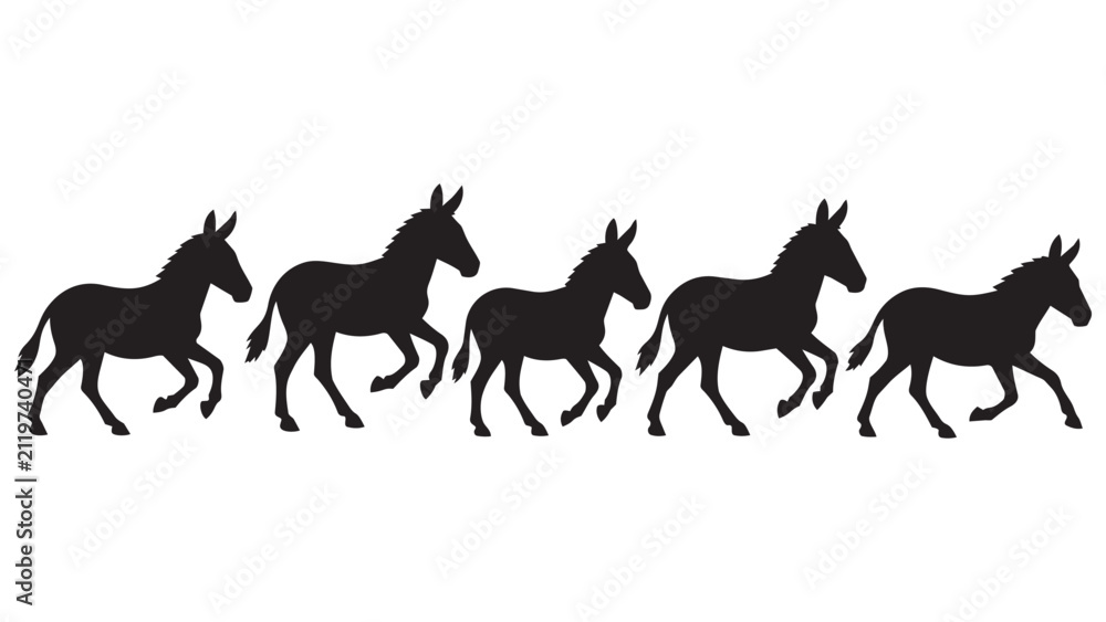 Fototapeta premium Five Silhouette Donkeys Walking in a Row Black and White Minimalist Line Art Vector Illustration