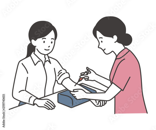 注射器で採血をする女性看護師と採血を受ける患者のイラスト　健康診断・血液検査・外来のフラットベクター素材