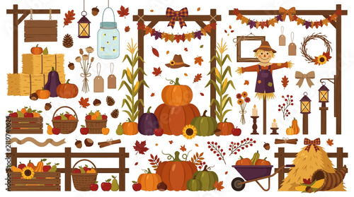 Bild auf Leinwand Rustic autumn harvest vector elements, fall farm festival clip art set with pump