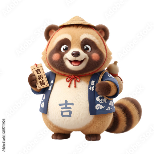 Cute Japanese Tanuki Mascot Holding Fortune Plaque And Sake Gourd In Traditional Outfit