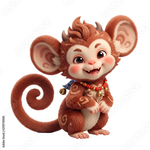 Cute Cartoon Monkey Character Mascot With Bells and Swirling Fur — Adorable Red Baby Monkey Illustration