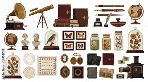 Bild auf Leinwand Vintage dark academia aesthetic collection, antique curiosity cabinet elements v