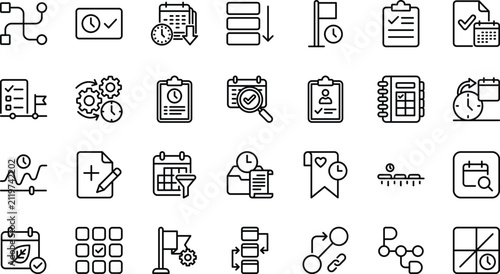 Time management and productivity task scheduling outline icons set