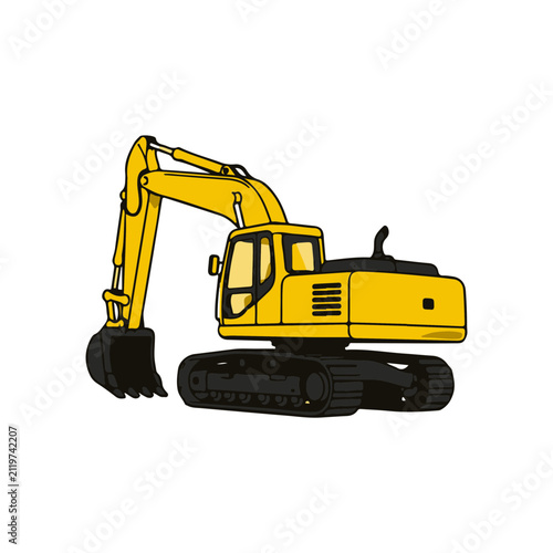 Картината върху платно Right side view of a yellow hydraulic excavator with crawler tracks