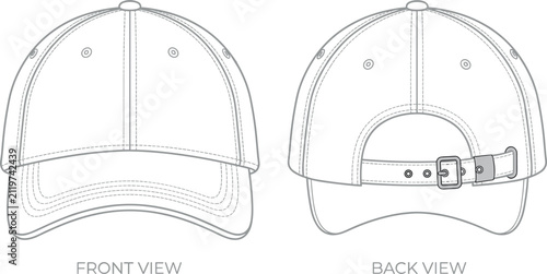 Blank baseball cap technical mockup vector template with front and back view for clothing apparel branding