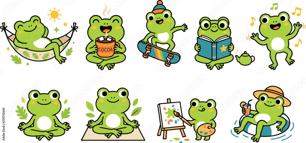 Fototapeta premium Cute Cartoon Frog Activity Set Featuring Hammock Hot Cocoa Skateboard Reading Book Yoga Meditation Painting and Pool Float Vector Illustration