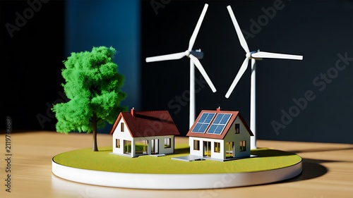 Renewable energy village with wind turbines and solar powered sustainable homes