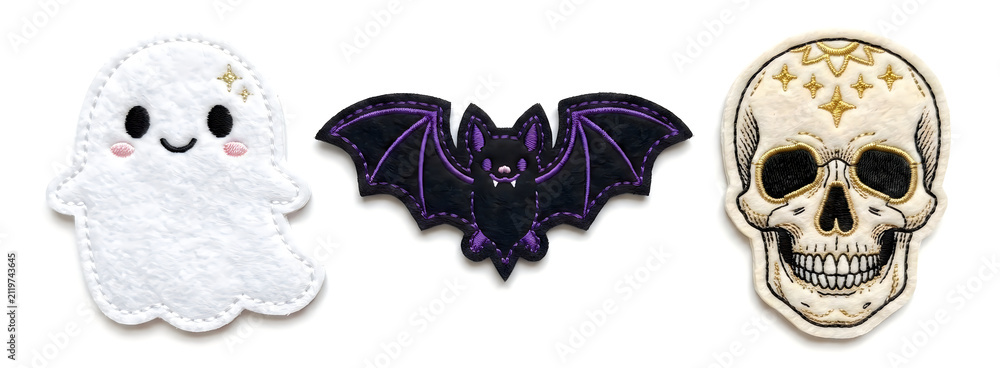 Fototapeta premium Cute ghost black bat and detailed human skull set for Halloween decoration isolated on a plain white background illustration