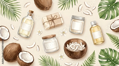 Coconut Natural Products Collection Watercolor Flat Lay Illustration