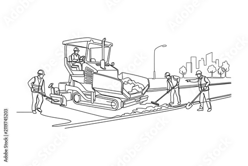 Line art illustration of construction workers operating a road paving machine.