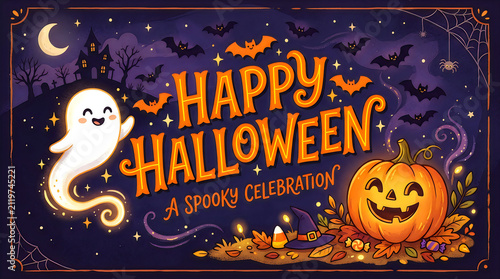 Happy halloween greeting card with ghost and pumpkin