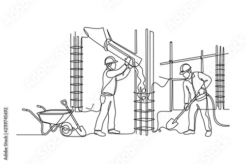Continuous line drawing of construction workers pouring concrete into a column formwork.