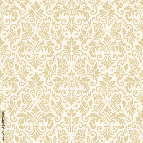 Elegant gold butterfly damask seamless pattern background with ornate floral motif, vector for luxury butterfly damask wallpaper, vintage wedding card, and decorative textile design.