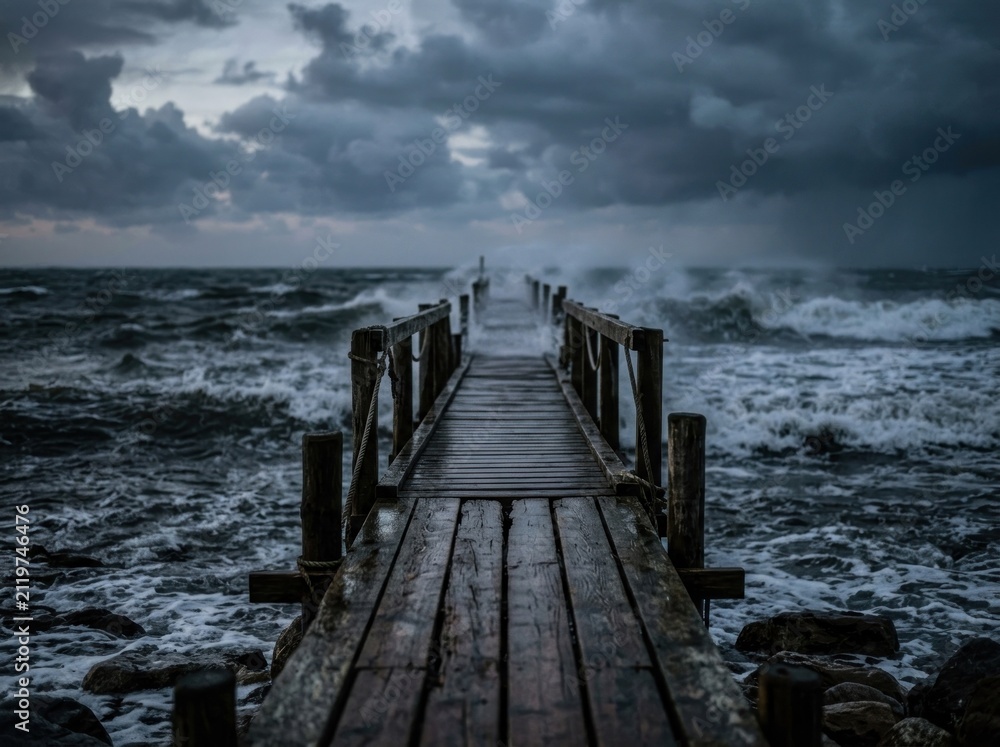 Fototapeta premium Stormy Weather Approaching Over Wooden Pier and Ocean Waves.