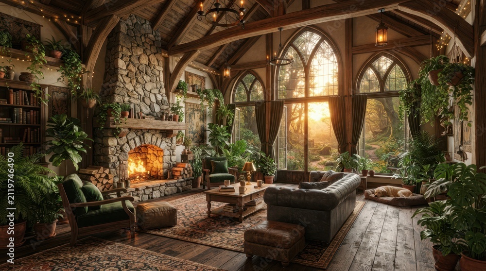 Fototapeta premium Cozy rustic living room with stone fireplace and large arched windows overlooking a forest