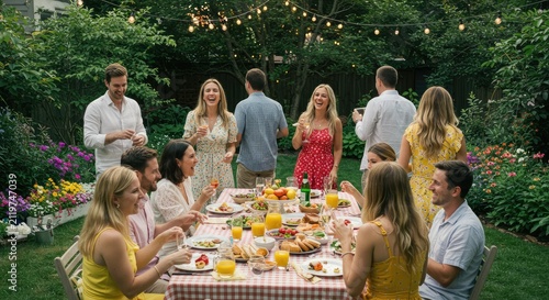 A group of friends enjoying a backyard dinner party