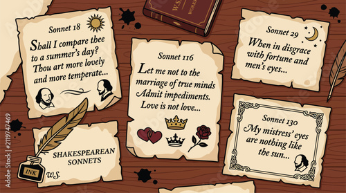 Fotografie Shakespearean Sonnets Collection with Quill Pen and Inkwell on Wooden Desk, Lite