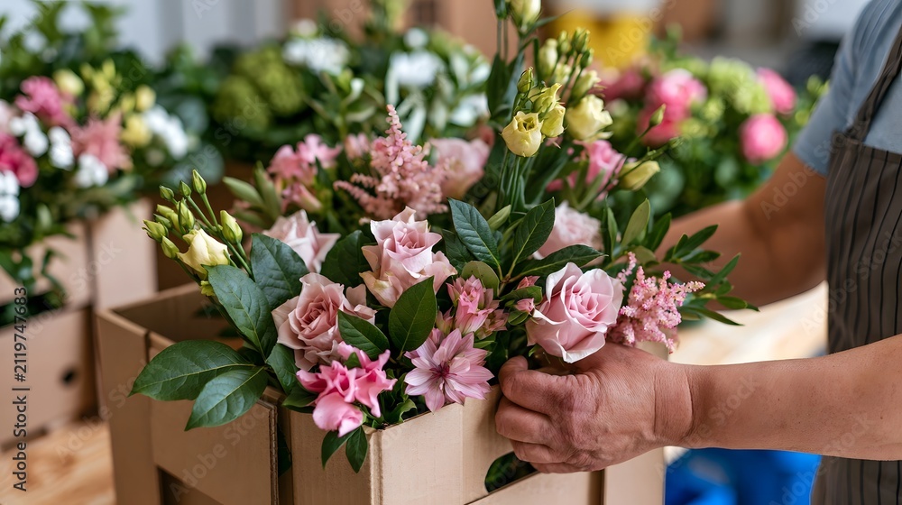 Fototapeta premium A person carefully arranging a colorful bouquet of pink roses and other flowers into a cardboard box for delivery
