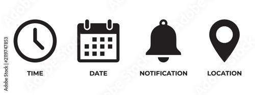 Time date notification and location flat icons on transparent setting