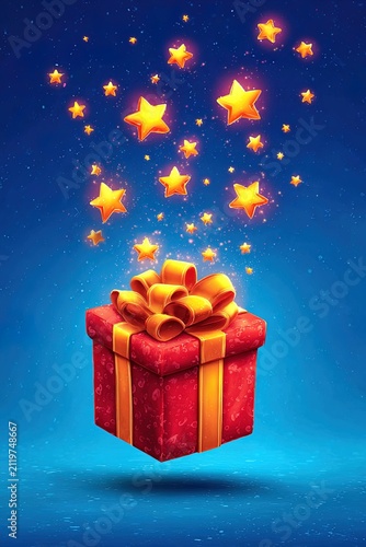 Gift box opening with glowing stars and magical festive light effects. Ai Generative