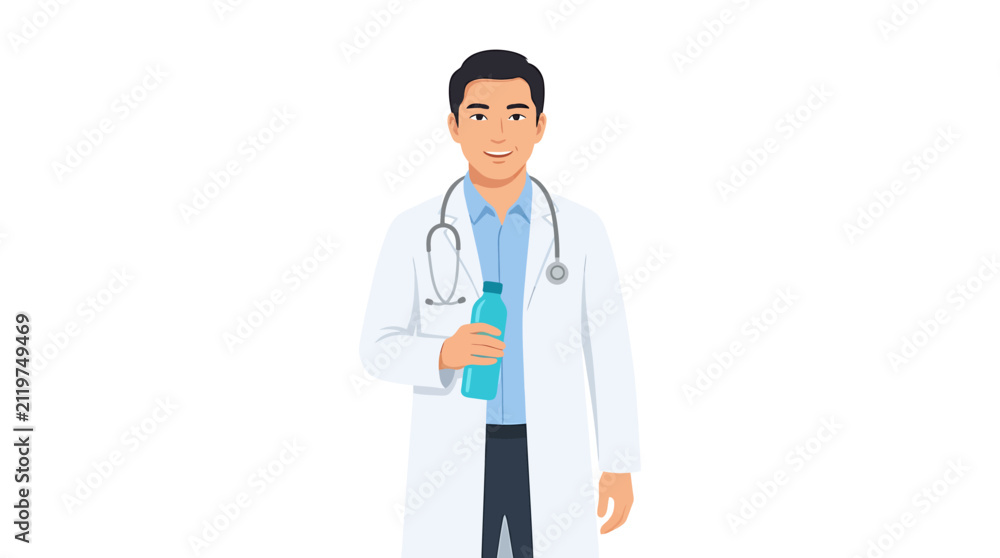 Obraz premium Male Physician Holding Translucent Cyan Water Bottle