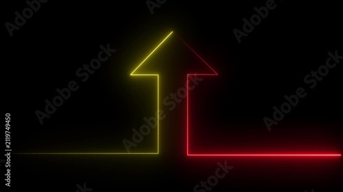 Red and Yellow Neon Arrow Pointing Upwards Against a Black Background direction forward
