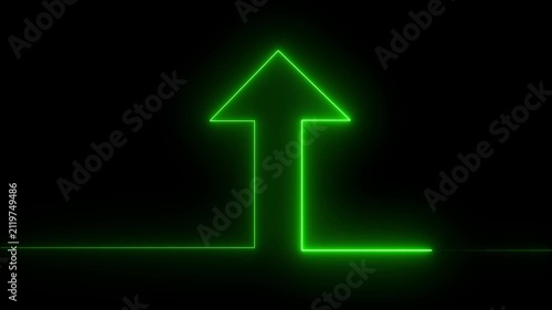 Green Neon Arrow Pointing Upwards Against a Black Background direction forward