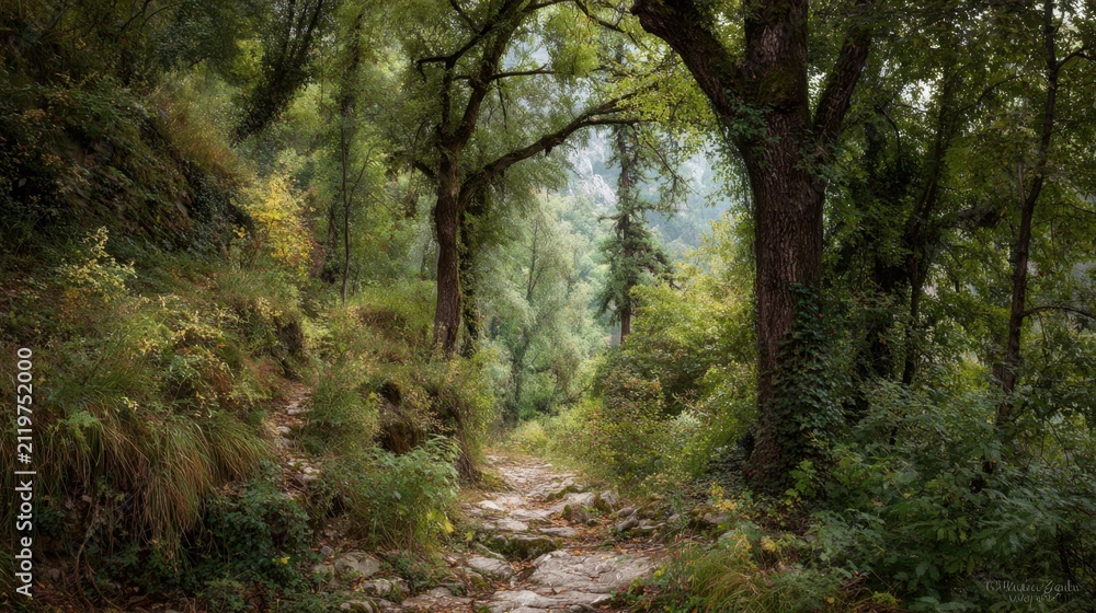 Fototapeta premium Winding forest path through lush green trees and sunlight.