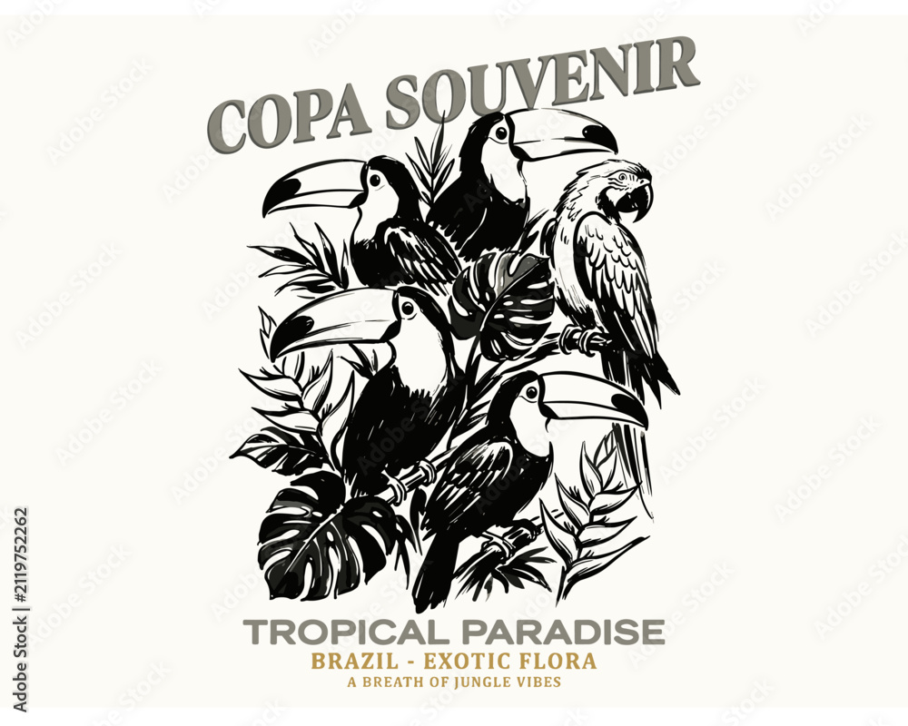 Fototapeta premium Tropical paradise. Copa souvenir Brazil exotic flora. Jungle vibes vintage print design for t shirt.. Brazil adventure. Exotic flora souvenir artwork