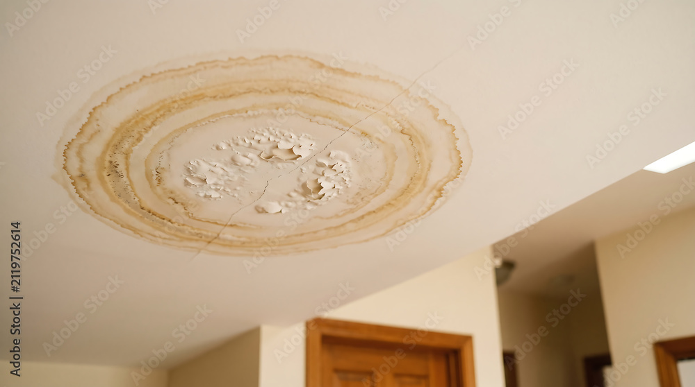 Fototapeta premium Stained water damage circular mark on white ceiling plaster signs of leaking roof or plumbing issue maintenance renovation building moisture construction interior residential