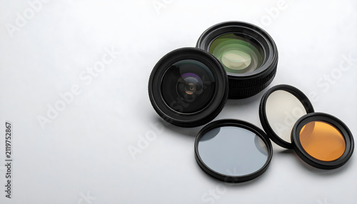 Camera filter rings and lens caps arranged on studio table with clean minimal lighting generative AI