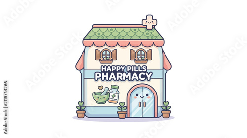 Kawaii Pharmacy Building Vector Illustration with Cute Medical Characters