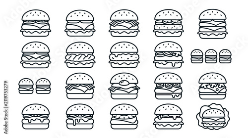 Minimalist burger and cheeseburger line art icons set